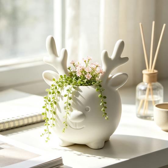 Office Desk Accessory 3D Printed Reindeer Succulents Planter Pot for Indoor Plants, Decorative Desktop Plant Organizer, Christmas Table Ornament,