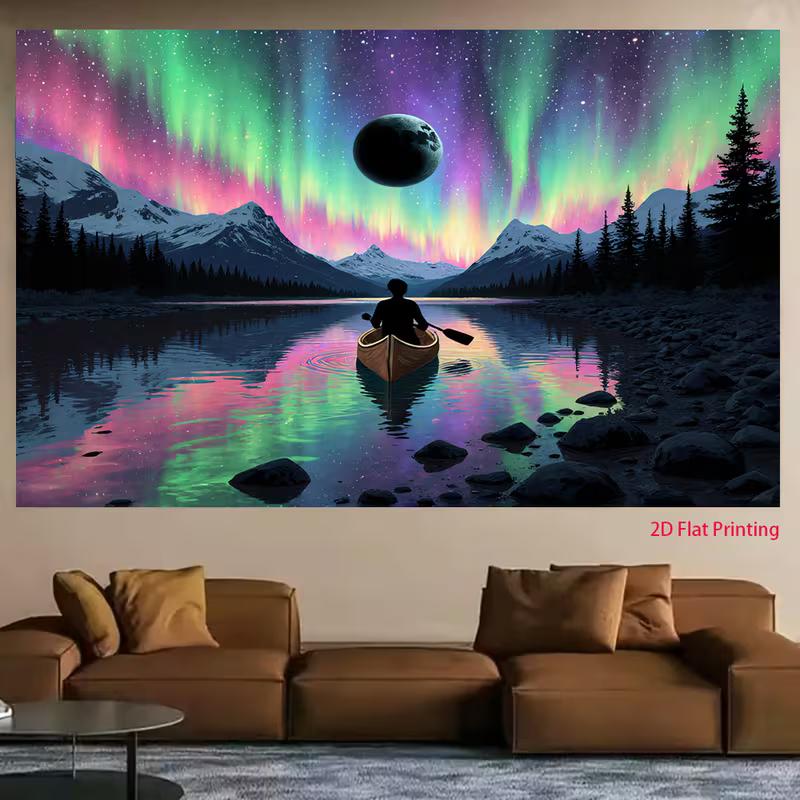 2D Aurora Borealis Backdrop 2D Lake Canoe Northern Lights Photo Background for Themed Shoot