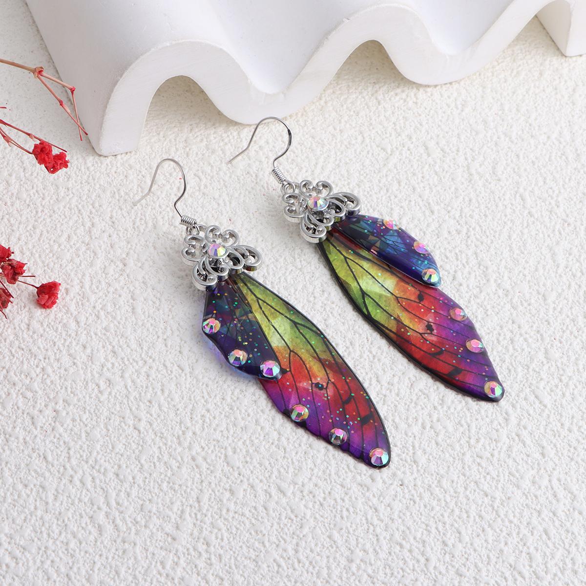 Women Multicolor Gradient Resin Rhinestone Butterfly Wing Long Drop Earrings Copper Jewelry коричневый