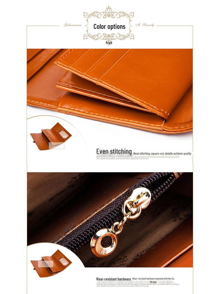 Women's Tri-Fold Genuine Leather Wallet: Large Capacity, Multiple Card Slots, Korean Style Coin Purse with Clasp.