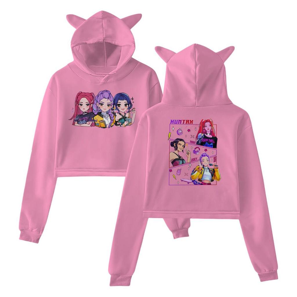 New KPop Demon Hunters Crop Tops Cat Ears Sweatshirt Long Sleeve Girls Women Fashion Hoodie