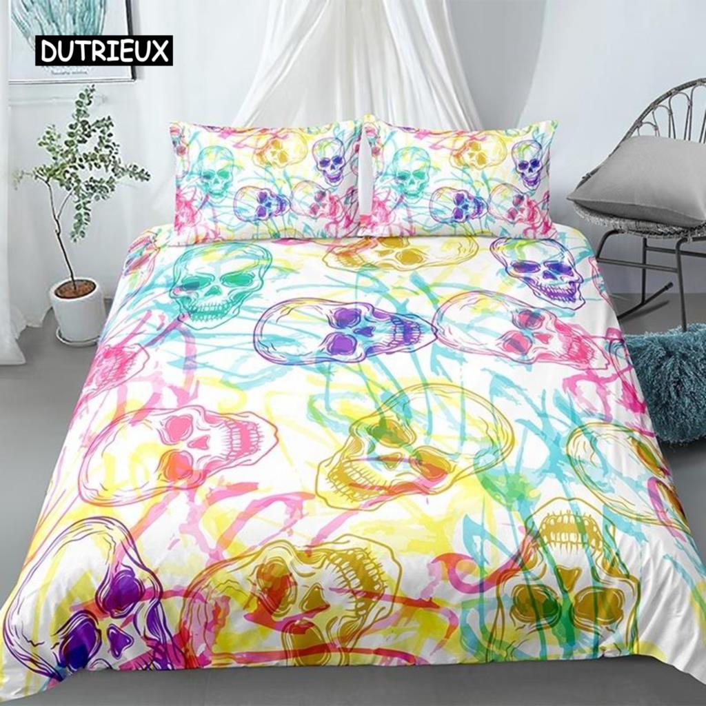 3D Skull Duvet Cover Set Colorful Skull Gothic Watercolor Tie Dye Comforter Cover Microfiber Sugar Skull Queen Size Bedding Set
