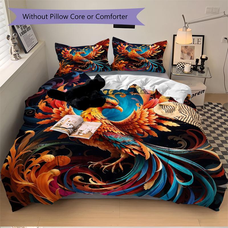 3pcs Flaming Phoenix Patterns Quilt Cover Set - Soft and Cozy Bedroom, Guest Room and Dorm Decorative Bedding 3-Piece Set 1 Quilt Cover + 2 Pillo