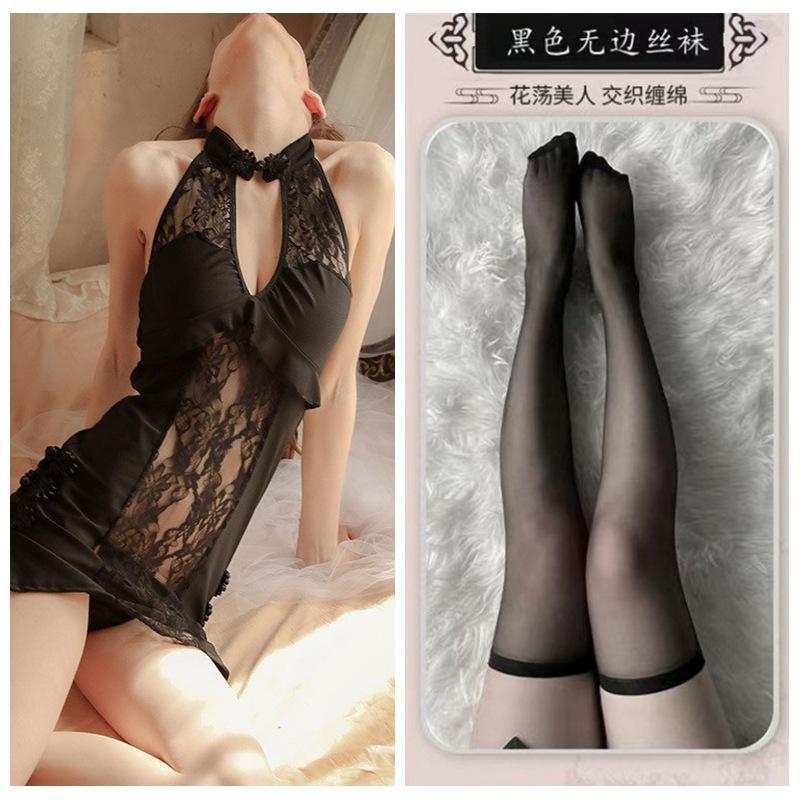 Sexy Lace Seduction Deep V Vintage Cheongsam Pajamas Hot Uniform Seduction Set