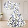 Women Plus Size White Floral Printed Two Piece Set Square Neck Sleeveless Tie Waist Flared Dress Short Sleeve Cropped Shrug