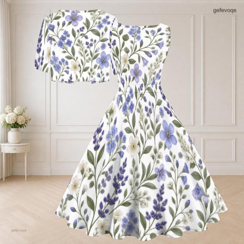 Women Plus Size White Floral Printed Two Piece Set Square Neck Sleeveless Tie Waist Flared Dress Short Sleeve Cropped Shrug