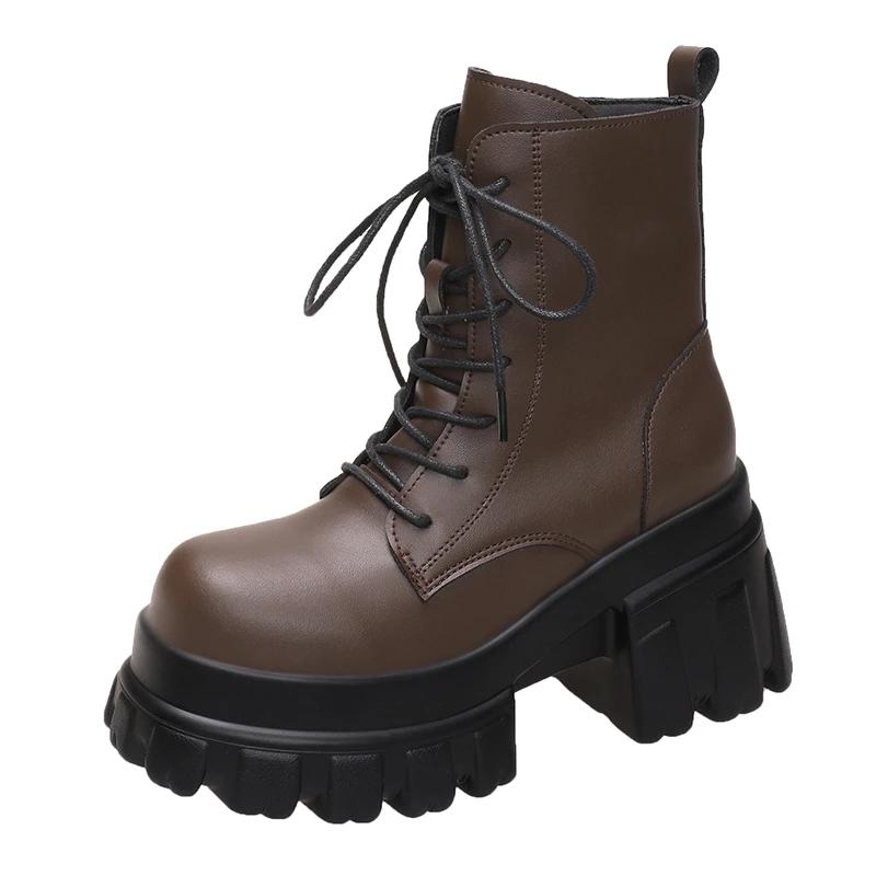 Módní šněrovací dámské kotníkové boty s vysokou platformou 2024 zimní boty na motorku se silnou podrážkou 9,5 cm podpatky robustní kožené tenisky dámské boty