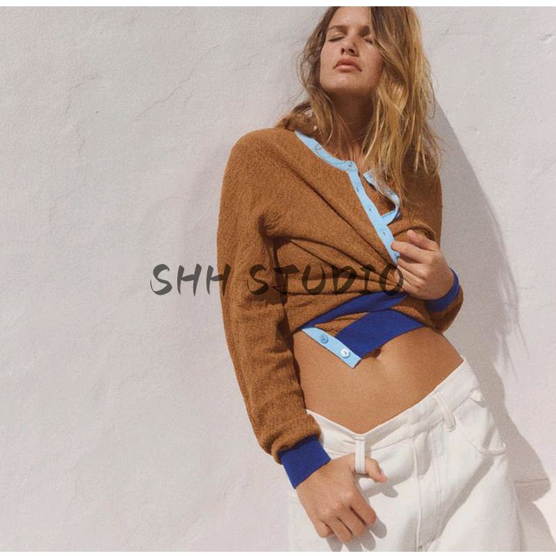 Spring New Women clothes Idle Style Color Matching Cardigan Fashion round Neck Long sleeve Knitted Outerwear 9598082