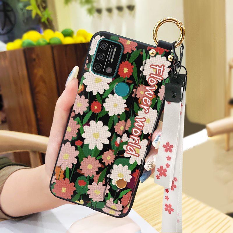 Silicone Waterproof Phone Case For UMIDIGI A9 Protective Oil Painting Flower Wrist Strap Kickstand Dirt-resistant Ring