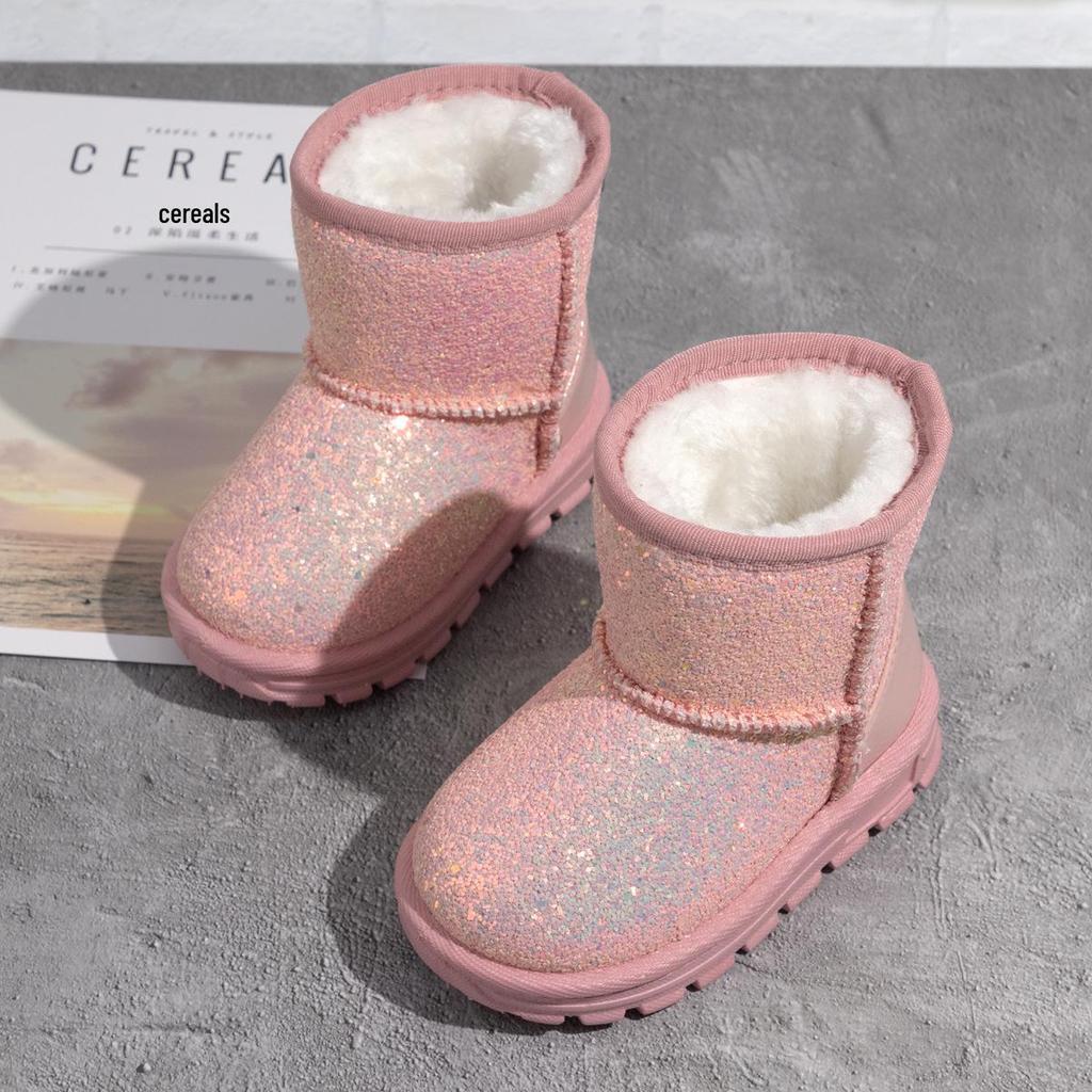 2022 Winter Pink Sequin Plus-Size Thick Cotton Children's Shoes with Non-Slip Rubber Sole