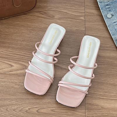 2025 Sommer Mittelhohe Absätze Ein-Wort-Slipper Feenschuhe Tragen Mode Französische Sandalen Temperament Dünner Riemen Coole Slipper Frau