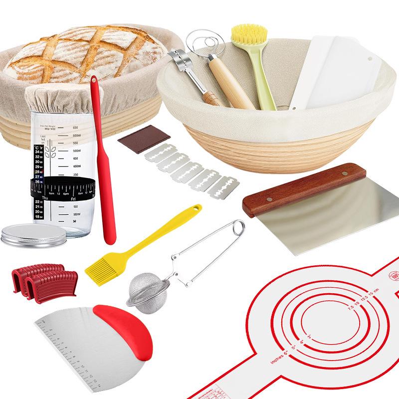 Rattan Bread Proofing Basket Set with Dough Mixer, Scraper & Silicone Brush