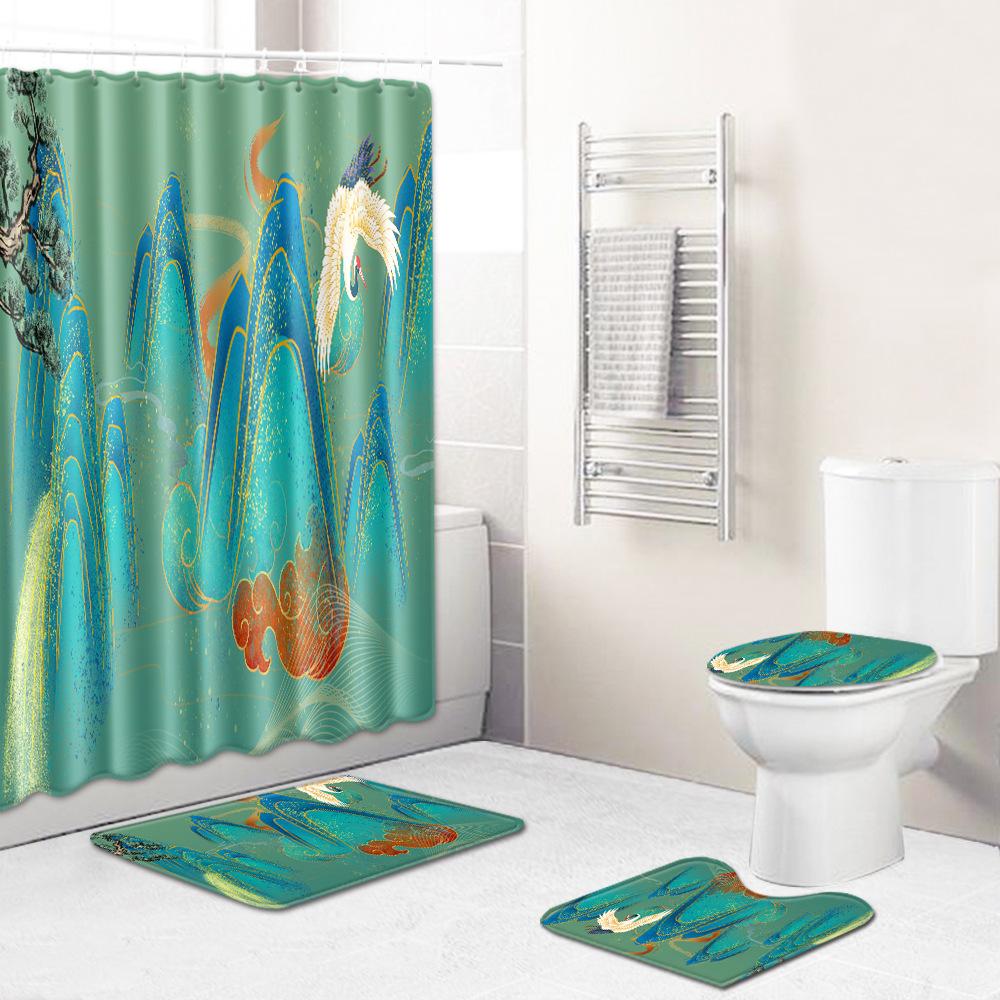 Chinese Antique Bronzing Night Flower Bathroom Floor Mat Shower Curtain Combination Floor Mat Support