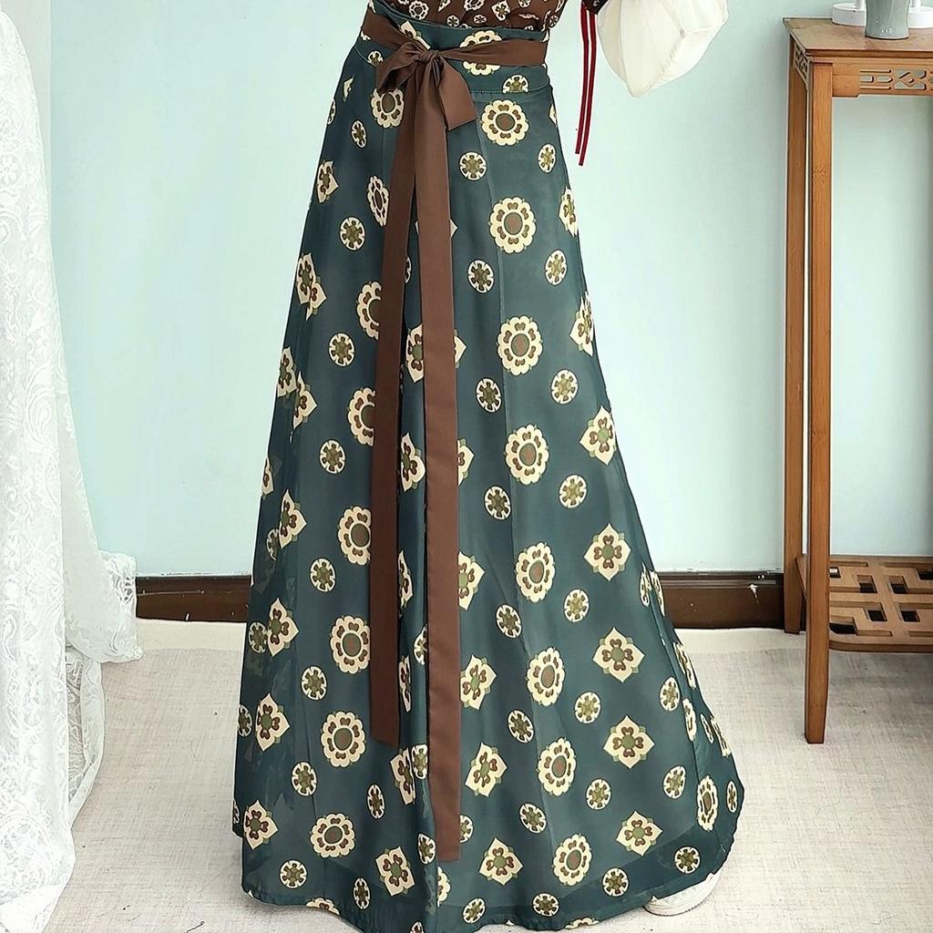  Original Tang Hanfu Women Tang Trousers Round Neck Shirt Waist-length Eight-thorn Skirt Daily  