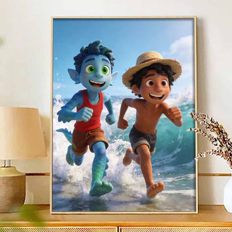 Disney DIY diamond painting 5d full diamond cross stitch sea monster boy and human boy running on beach living room bedroom decorative painting