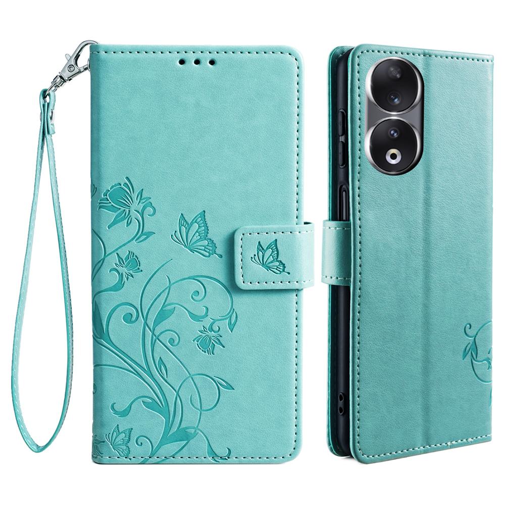 For Honor 90 Case Butterfly Flower PU Leather Stand Phone Cover with Wrist Strap Card Slots