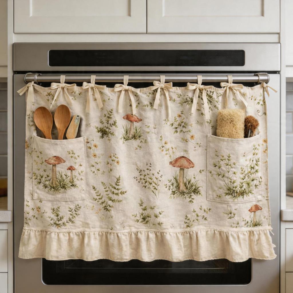Oven Skirt Curtain with Pockets Modern Farmhouse Kitchen Oven Skirt Heat with Adjustable Lace for Stove Kitchen Decor