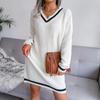 Women Fall Winter V Neck Long Sleeve Solid Color Sweater All Match Knit Dresses
