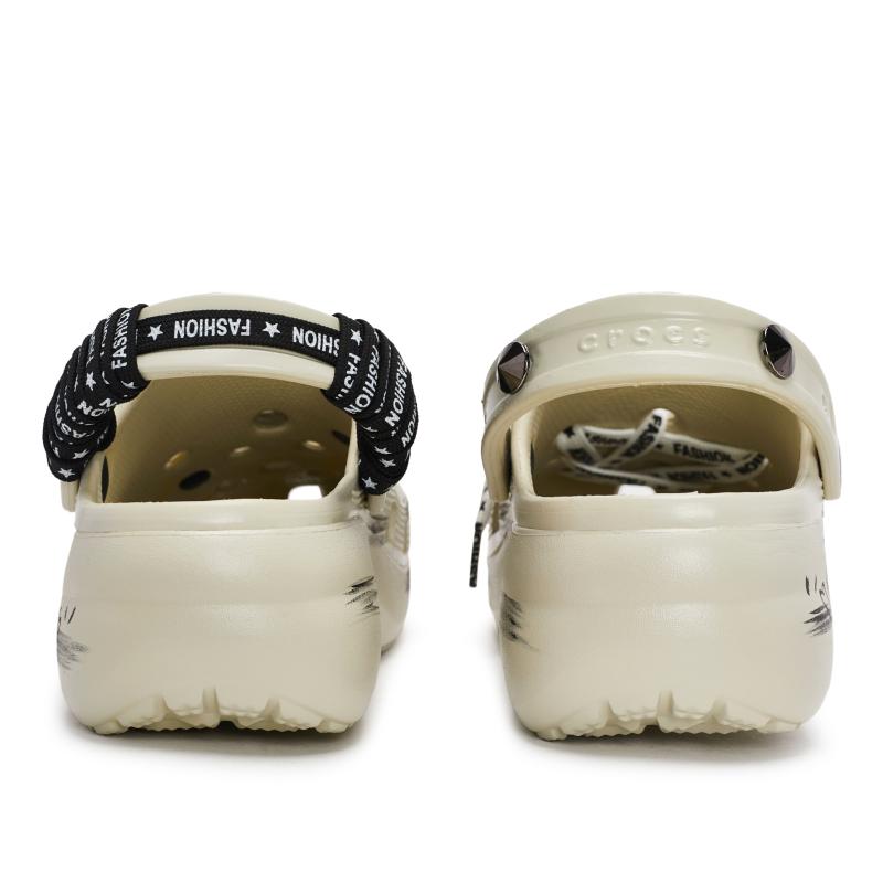 Crocs Classic Platform Clog EVA Graffiti Fashion Trend Comfort Gift Box Hole Shoes Women's Bone White and Black