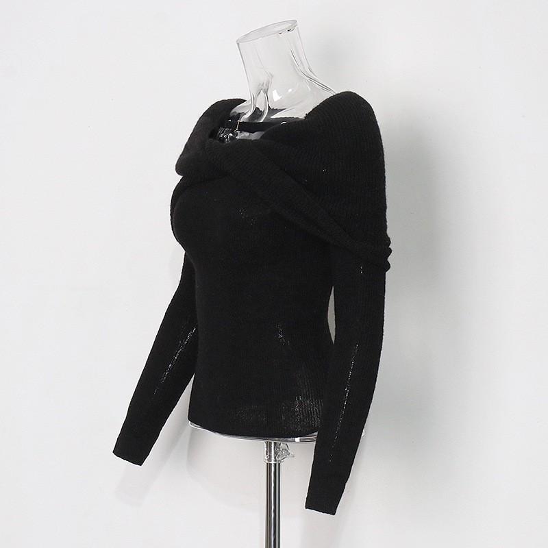 Womens Relaxed Fit Knit Sweater With Off-Shoulder Twist Detail Solid Color Cotton-Poly Blend Long Sleeve Slim 2026