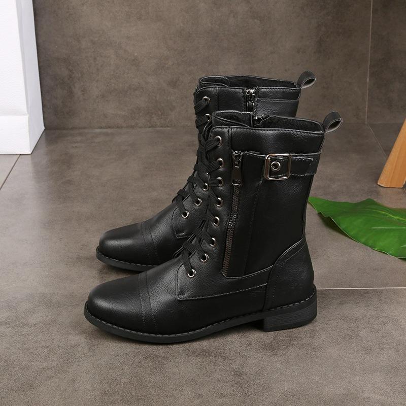 New European and American large size round head thick heel strap side zipper solid color low tube women's Martin boots in stock