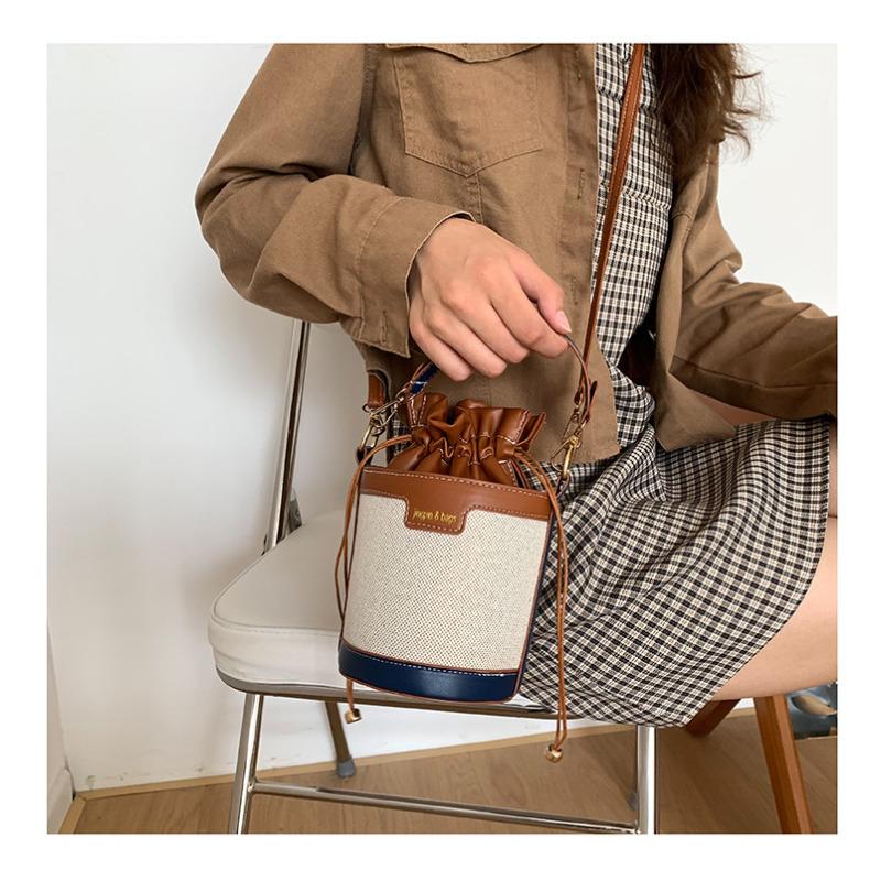 Vintage Color Block Bucket Bag Trendy Shoulder Purse Fashion Round Cylinder Crossbody Handbag for Women CLE