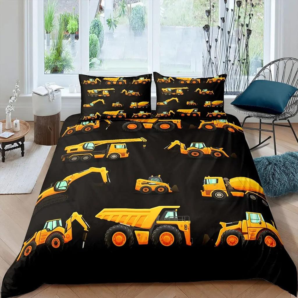 Excavator King Queen Duvet Cover Cartoon Construction Truck Bedding Set for Kids Boys Girls Tractor 2/3pcs Polyester Quilt Cover
