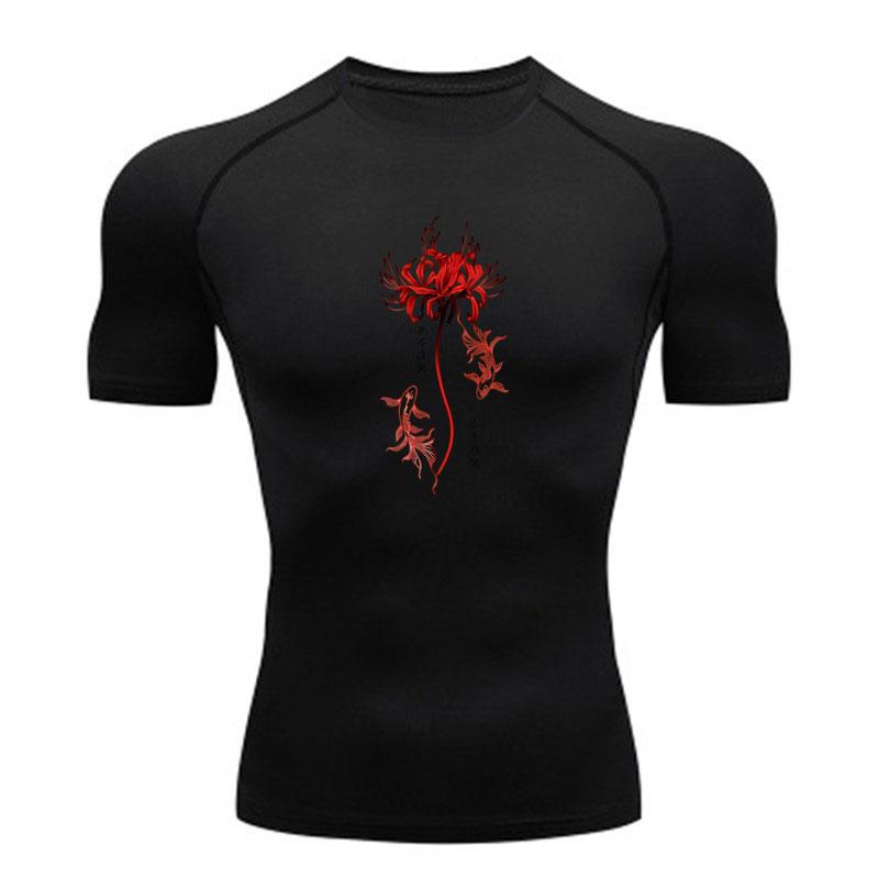 Men's Compression Sport T-Shirt, Red Spider Lily Koi Fish Printed Quick Dry Athletic Workout Shirt for Gym Running Active Training Wear
