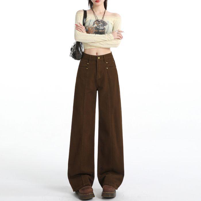 Brown Wide Leg Women's Jeans Y2K Grunge Style Low Rise Baggy Denim Pants Vintage Retro Casual Streetwear Korean Fashion Trousers