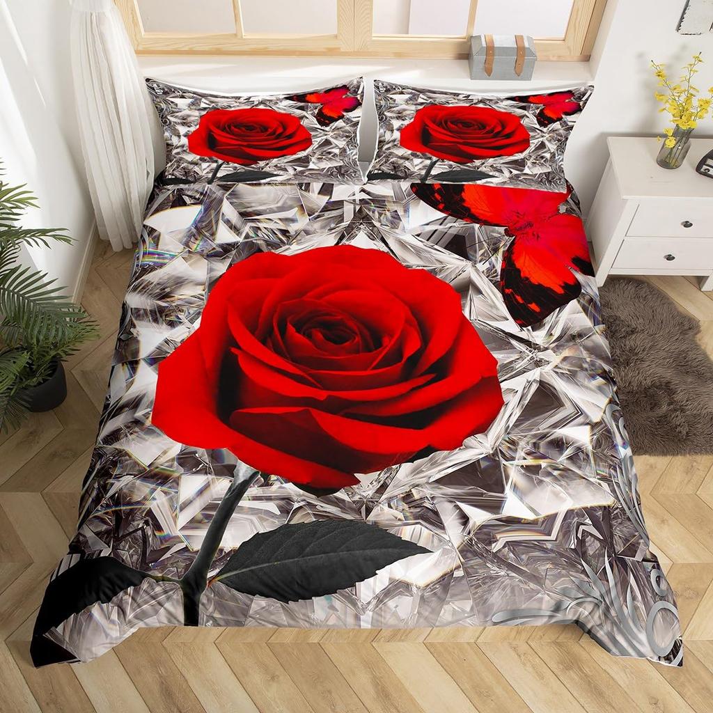 Red Rose Duvet Cover Romantic Floral Bedding Set for Women Girls Couple Valentine's Day Love Hearts Flower Comforter Cover King