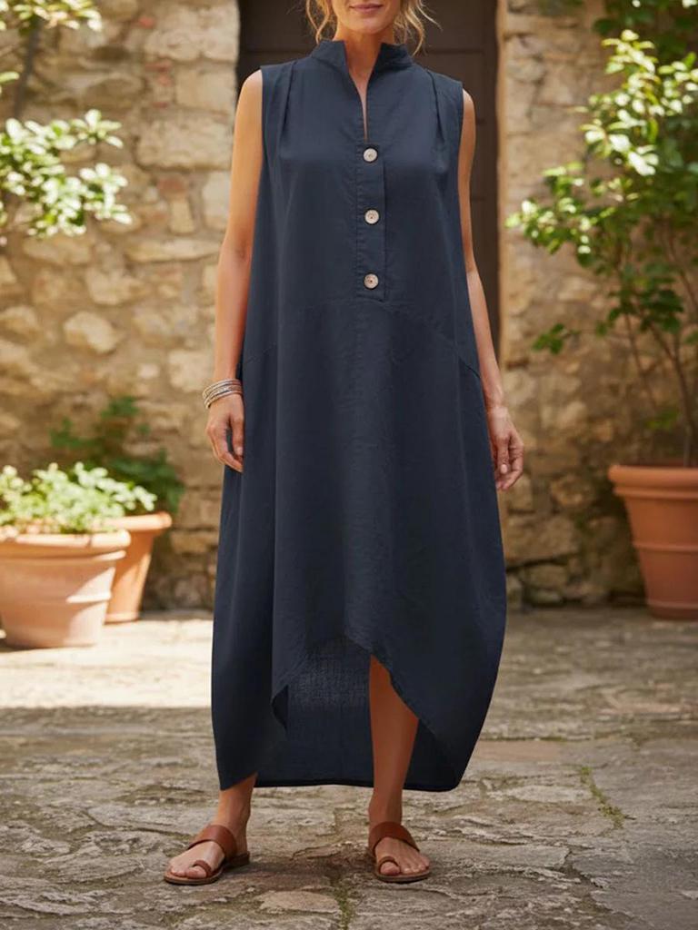 Women's 2026 Sleeveless Cotton Linen Long Dress with Stand Collar - Casual & Loose Fit