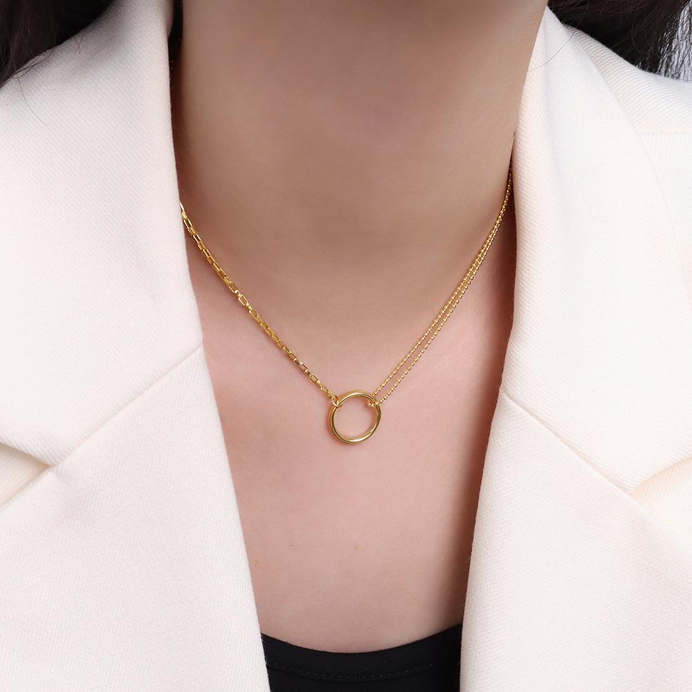 18k Gold Geometric Circle Double Chain Necklace - European  American Style