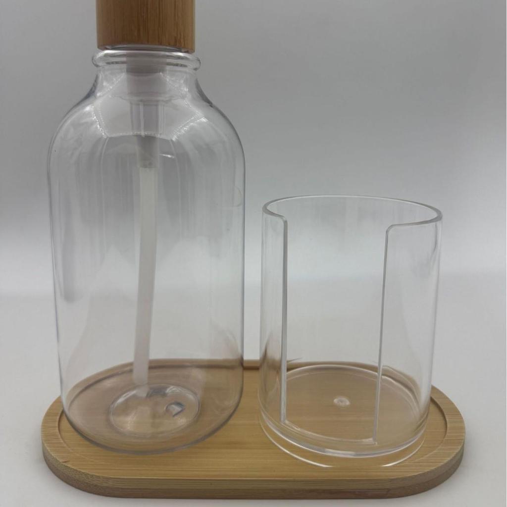 4-Piece Bathroom Set: Transparent Press-Down Soap Bottle, Toothbrush Holder, Bamboo Lid Cotton Swab Box, and Acrylic Cotton Ball Jar