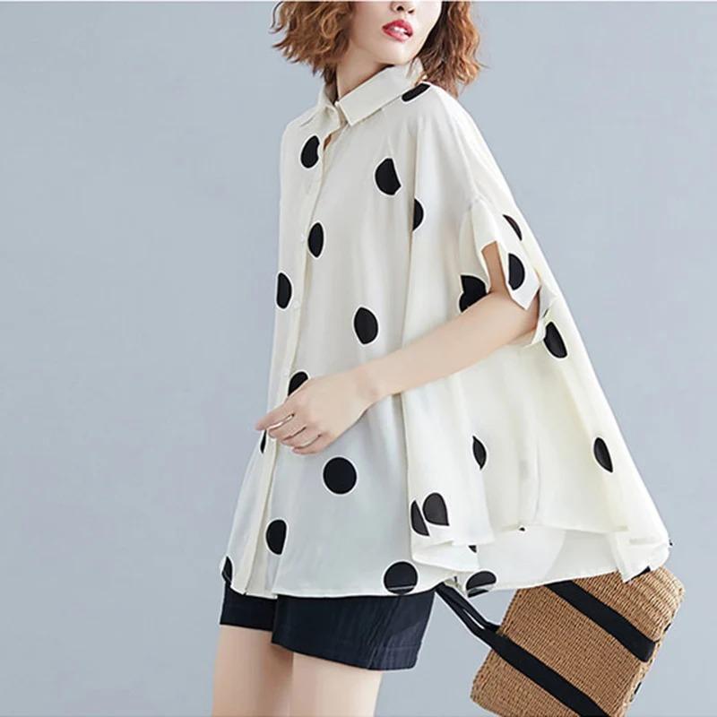 Black Vintage Polka Dot Print Blouse Women Lapel Short Sleeve Loose Casual Shirt Fashion Summer Clothes