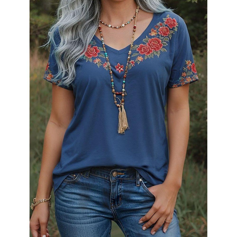 2025 Hot-selling Summer Women's Tops Retro Floral Graphic Printing Style V-neck Casual Short-sleeved T-shirt