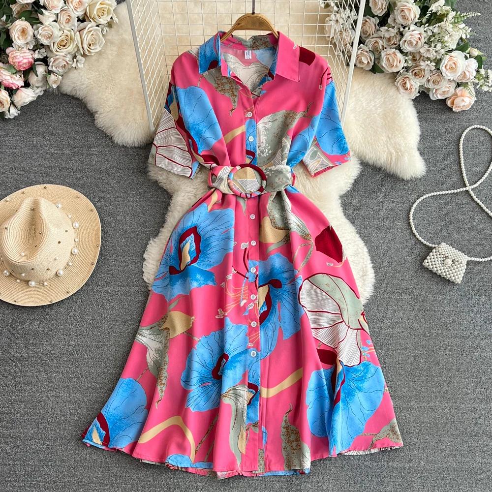 New Summer Women Dress Fashion Print Floral A-line Shirt Dress with Belt Elegant Vintage Off Lady Dress Casual Dresses
