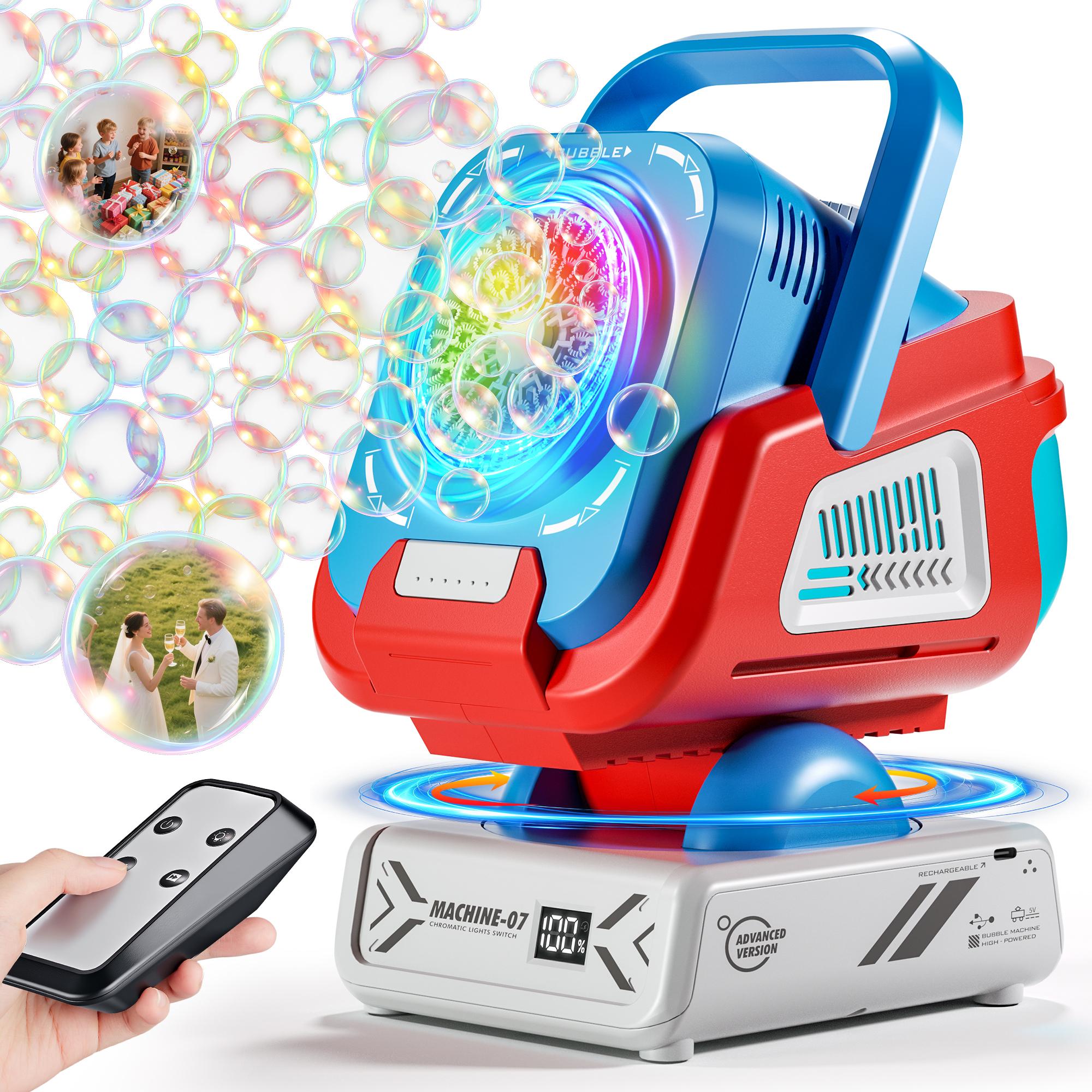 

Улучшенная машина для мыльных пузырей с пультом дистанционного управления, автоматическим вращением и RGB-подсветкой, перезаряжаемая батарея 1800 мАч, зарядка Type-C,