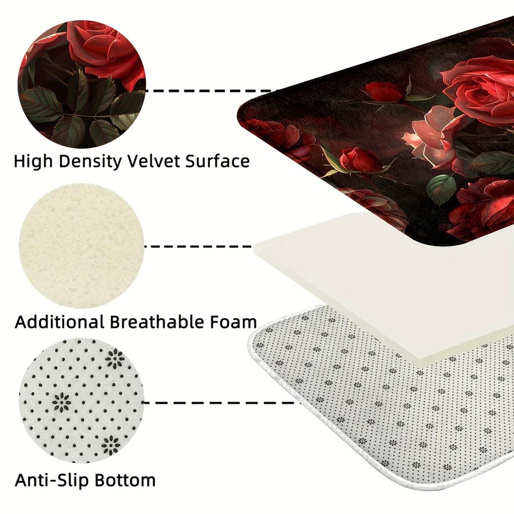 1Pcs Anti Fatigue Kitchen Rugs, Beautiful Roses Print Waterproof Non-Slip Thick Cushioned Kitchen Mat Heavy Duty Comfort Standing Mat for Kitchen