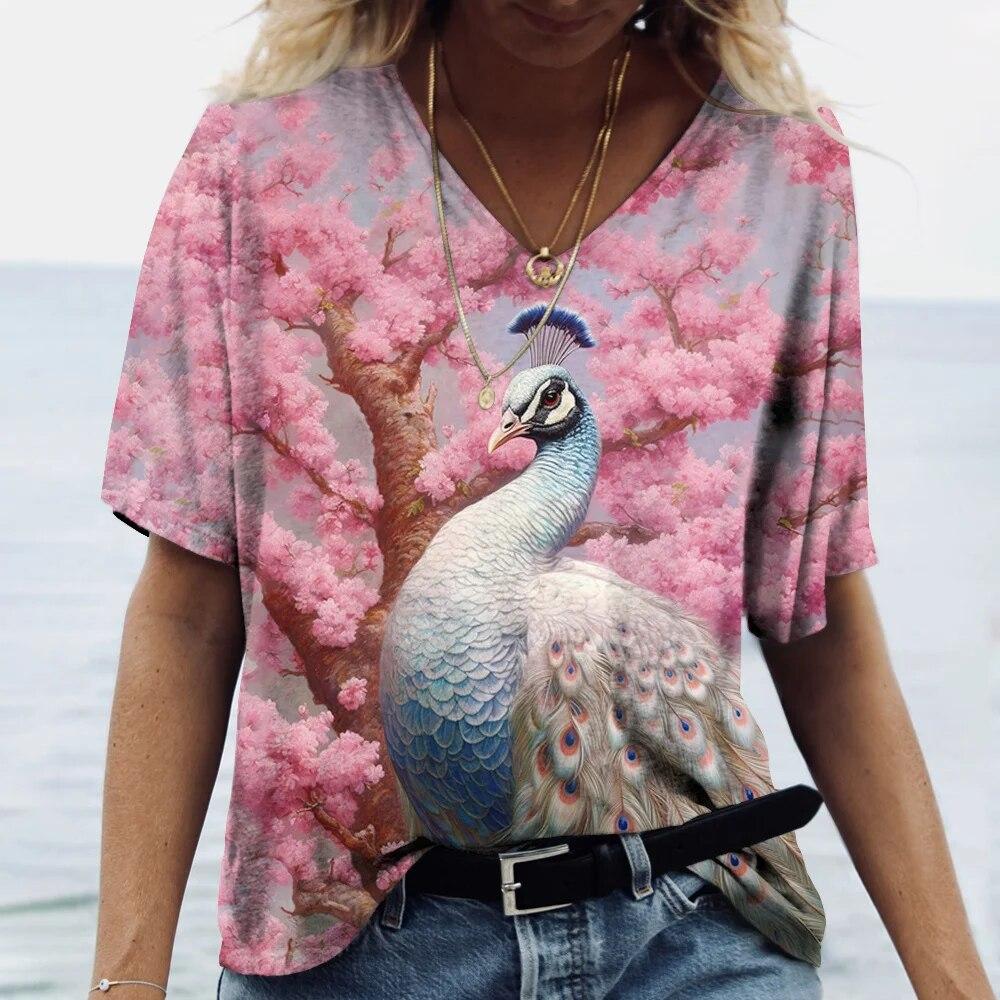 Women's V-Neck T-Shirt Peacock 3D Print Casual Fashion Summer Pullover Short Sleeve Harajuku Oversized Tops Tees For Ladies