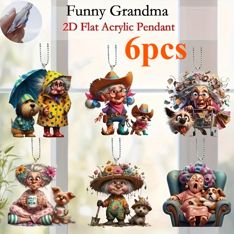 6PCS Acrylic Granny Pendants,Christmas Tree and Pendant Home Window Decor Holiday Souvenirs,  Christmas Tree Pendants Perfect for Car Mirror Pendants