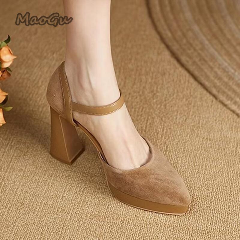 Chunky High Heels Suede Soft Leather Women's Platform Thick Sole Pointed Toe Pumps for Women Office Ladies Daily Footwear Size34