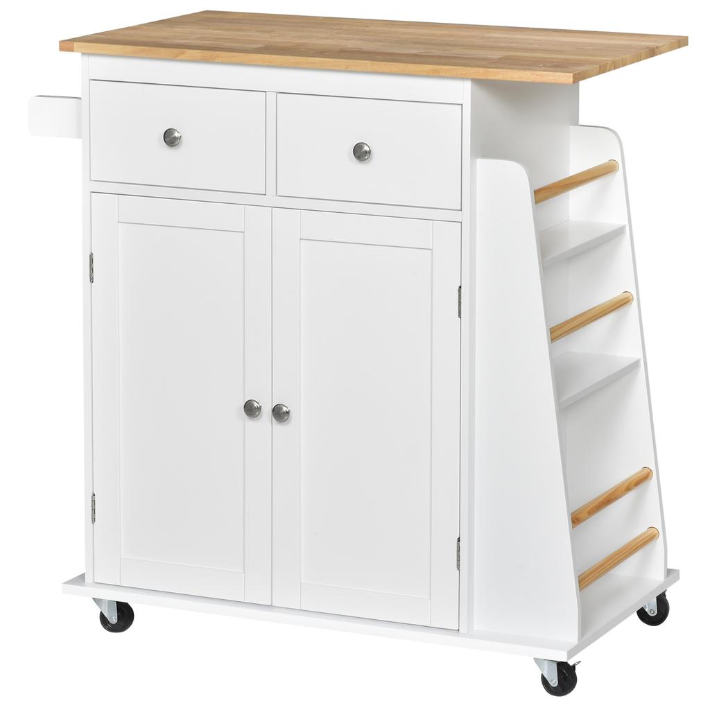 Kitchen Trolley, Wheels, 2 Drawers, Cabinet, 3 Spice Racks, 89 x 45 x 89.5 cm, White