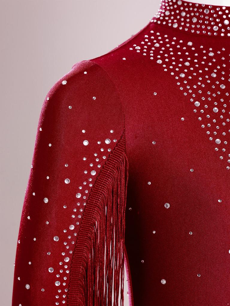 Girls Tassels Latin Dance Leotard Mock Neck Long Sleeve Cutout Back Sparkling Rhinestones Fringe Bodysuit