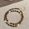 Vintage French Style Tiger's Eye & Pearl Necklace with Clavicle Chain