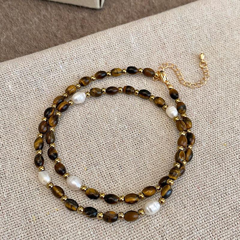 Vintage French Style Tiger's Eye & Pearl Necklace with Clavicle Chain