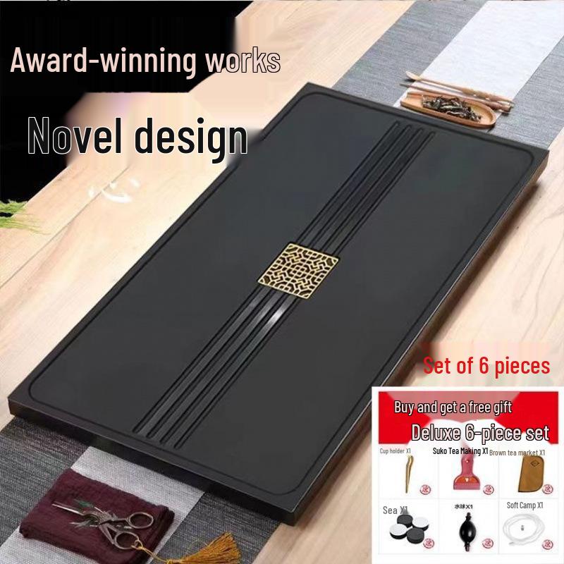 Black Gold Slate Tea Tray with Drainage - Simple Embedded Design