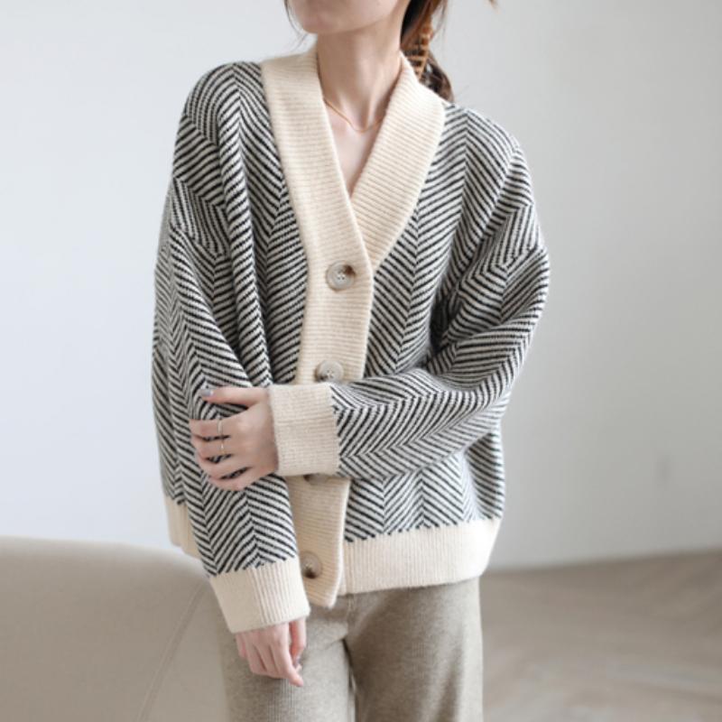 Chic Retro Knitted Cardigan Women's Sweater Striped Long Sleeve Loose Women Sweaters Jacket Outerwear Lazy Style Elegant Button Knitwear Coats 25453