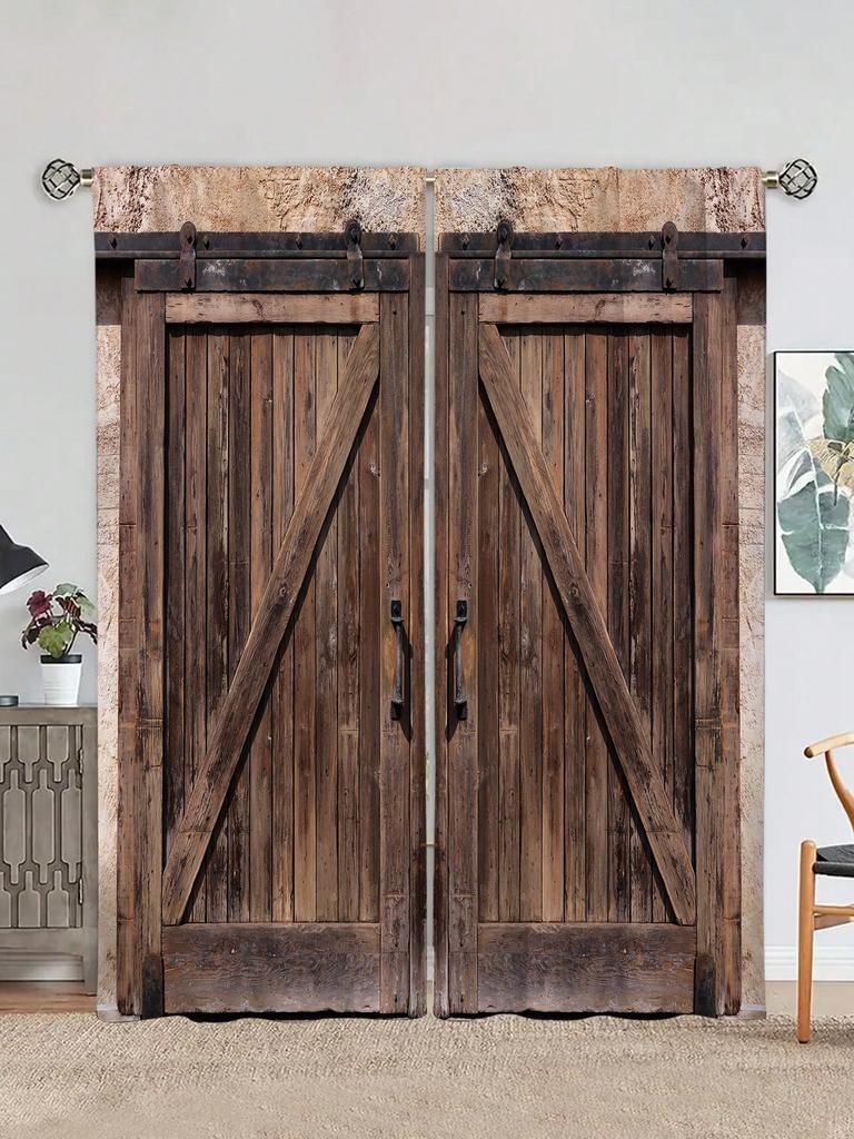 2pcs Rustic Curtain   Wooden Door Pattern Curtain  Without Holes Curtain   Refer To Bedroom Office Kitchen Living Room Study Home D