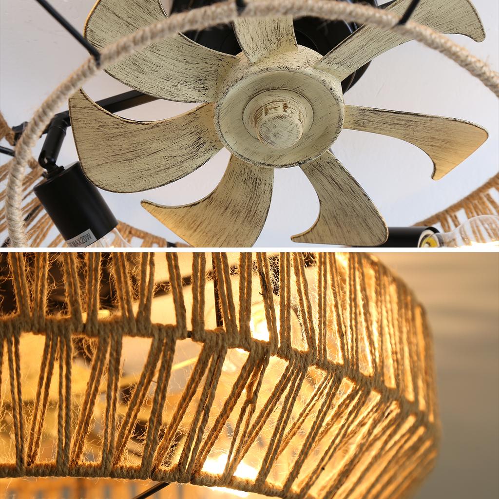 22-Inch Boho Ceiling Fan in Rattan Cage Design – with 6 Speed Settings, Remote Control & Reversible DC Motor for Living Rooms