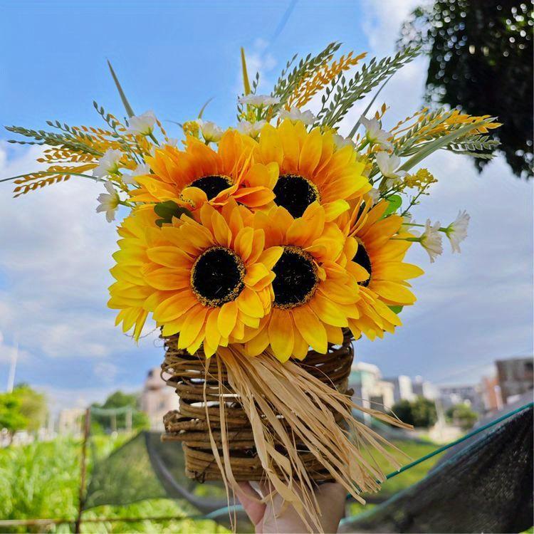 Sunflower Door Wreaths for Front Door, Hanger Basket Wreath Summer Spring Wreaths for Home Decoration Wedding Decor